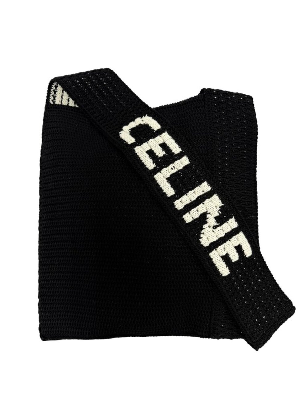 Celine Clochette Knit Shoulder Bag Cotton Logo Embroidery Black White